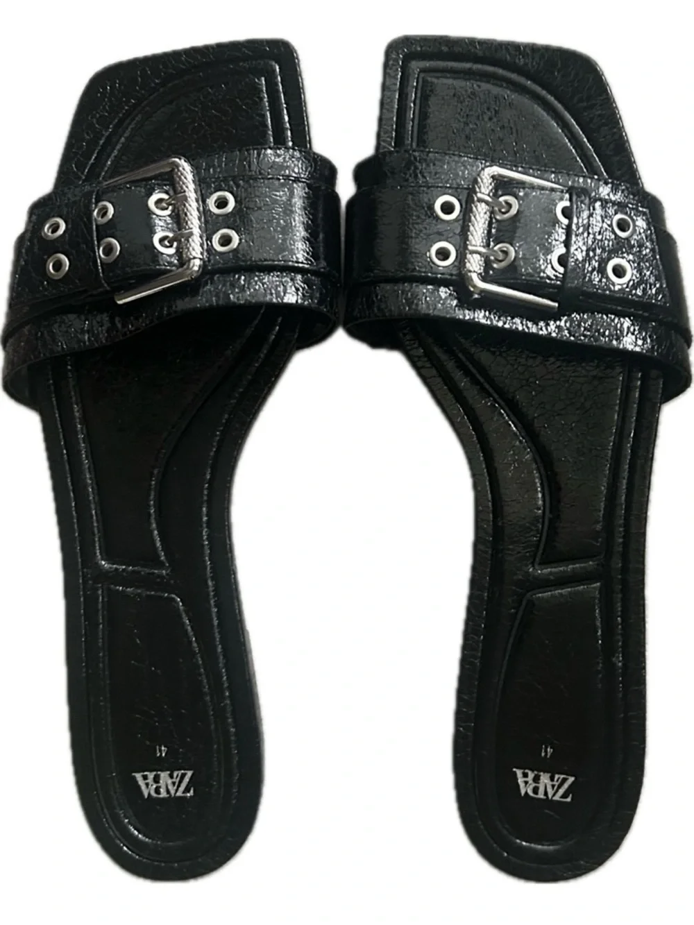Zara Size 10 / 41 Buckled Flat Slide Sandals Black Faux Patent Leather - Picture 5 of 11